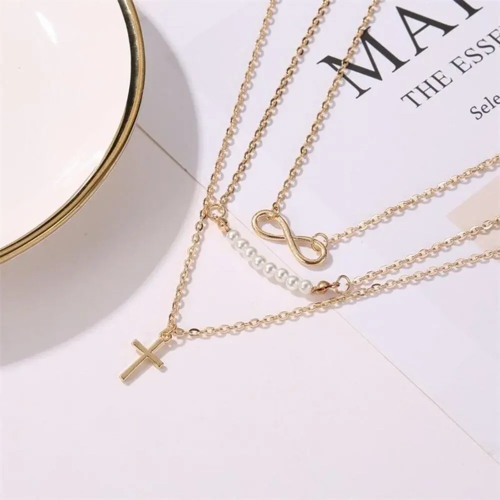Long 8 Word Pearl Multi-layer Necklace Cross Pendant Necklace Gold Chain‎